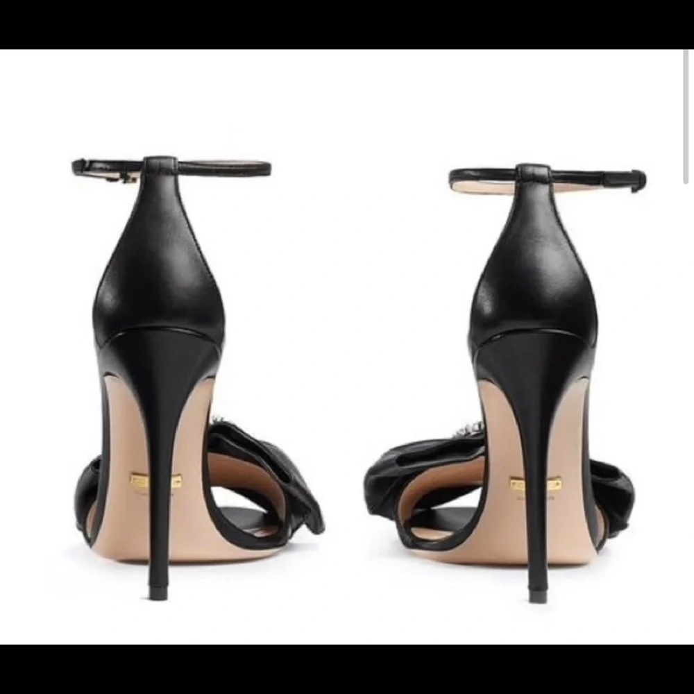 New black leather crystal bow GUCCI stiletto heels 7.5